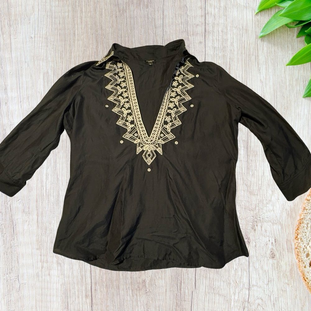 Talbots Women's Embroidered‎ Top Size 16 Navy Embroidered Silk Blend Boho